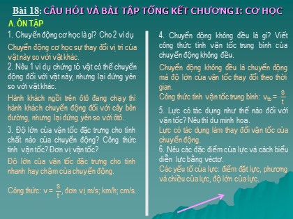 Bài giảng Vật lí Lớp 8 - Tiết 23, Bài 18: Tổng kết chương 1 Cơ học