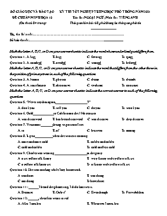 Đề chuẩn minh họa kì thi Tốt nghiệp THPT môn Tiếng Anh - Đề 10 - Năm học 2021 (Có đáp án)