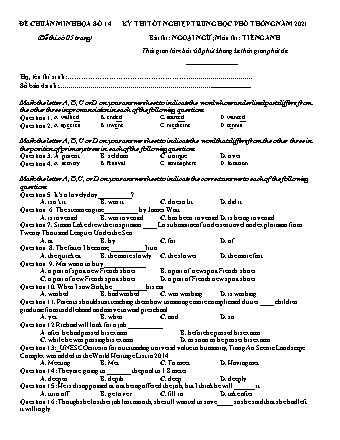 Đề chuẩn minh họa kì thi Tốt nghiệp THPT môn Tiếng Anh - Đề 14 - Năm học 2021 (Có đáp án)