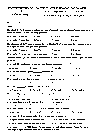 Đề chuẩn minh họa kì thi Tốt nghiệp THPT môn Tiếng Anh - Đề 23 - Năm học 2021 (Có đáp án)