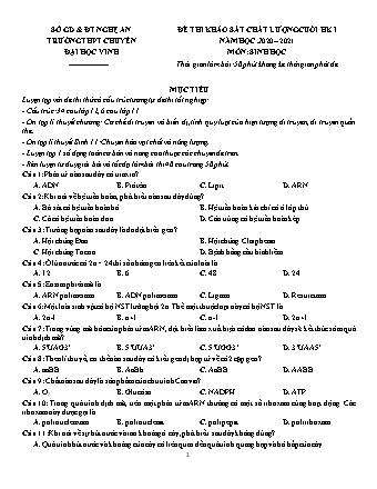 Đề khảo sát chất lượng Cuối học kì 1 Sinh học Lớp 12 - Năm học 2020-2021 - Trường THPT chuyên Đại học Vinh (Có đáp án)