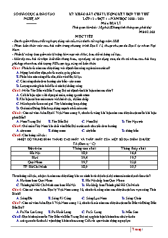 Đề khảo sát chất lượng kết hợp thi thử môn Địa lí Lớp 12 - Lần 1 - Mã đề: 303 - Năm học 2020-2021 - Sở giáo dục và đào tạo Nghệ An (Có đáp án)
