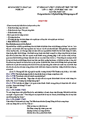 Đề khảo sát chất lượng kết hợp thi thử Ngữ văn Lớp 12 - Lần 1 - Năm học 2020-2021 - Sở giáo dục và đào tạo Nghệ An (Có đáp án)