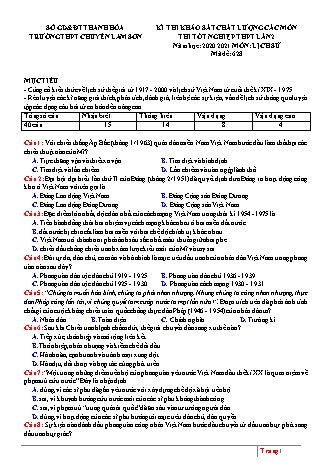 Đề khảo sát chất lượng môn Lịch sử Lớp 12 - Mã đề: 628 - Năm học 2020-2021 - Trường THPT chuyên Lam Sơn (Có đáp án)