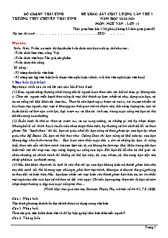Đề khảo sát chất lượng Ngữ văn Lớp 12 - Lần 1 - Năm học 2020-2021 - Trường THPT chuyên Thái Bình (Có đáp án)