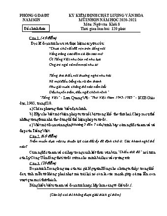 Đề kiểm kiểm định chất lượng văn hóa mũi nhọn Ngữ văn Lớp 8 - Phòng giáo dục và đào tạo Nam Sơn (Có đáp án)