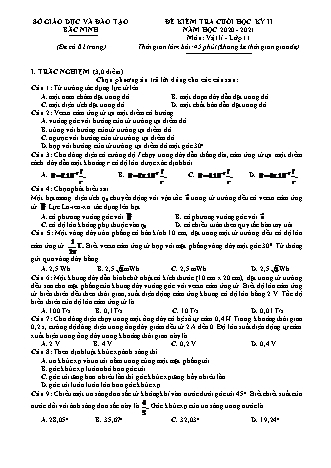 Đề kiểm tra Cuối học kì 2 môn Vật lí Lớp 11 - Năm học 2020-2021 (Có đáp án)