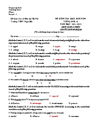 Đề kiểm tra khảo sát đầu năm Tiếng Anh Lớp 10 - Năm học 2021-2022 - Trường THPT Ngọc Hồi (Có đáp án)