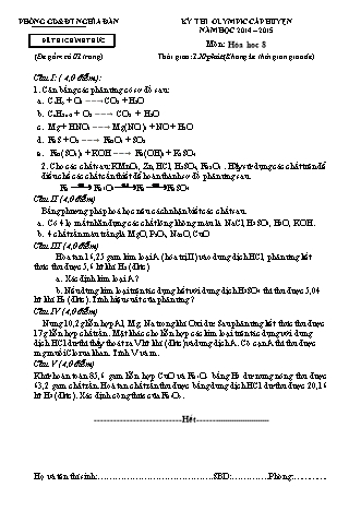 Đề thi chính thức Olympic cấp huyện Hóa học Lớp 8 - Năm học 2014-2015 - Phòng giáo dục và đào tạo Nghĩa Đàn (Có đáp án)