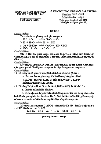 Đề thi chọn học sinh giỏi cấp trường Hóa học Lớp 8 - Năm học 2013-2014 - Trường THCS Thị trấn Than Uyên (Có đáp án)