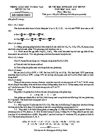 Đề thi học sinh giỏi cấp huyện Hóa học Lớp 8 - Năm học 2018-2019 - Phòng giáo dục và đào tạo huyện Ba Tơ (Có đáp án)