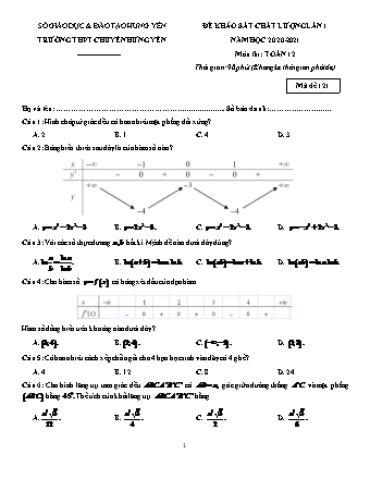 Đề thi khảo sát chất lượng môn Toán Lớp 12 - Lần 1 - Mã đề: 121 - Năm học 2020-2021 - Trường THPT chuyên Hưng Yên (Có đáp án)