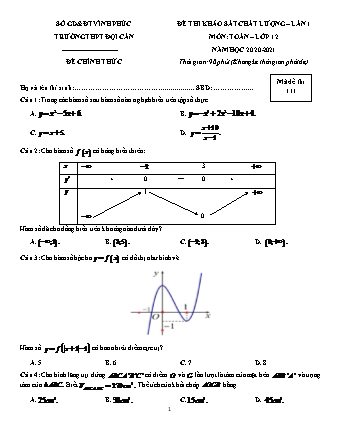 Đề thi khảo sát chất lượng môn Toán Lớp 12 - Mã đề: 111 - Năm học 2020-2021 - Trường THPT Đội Cấn (Có đáp án)