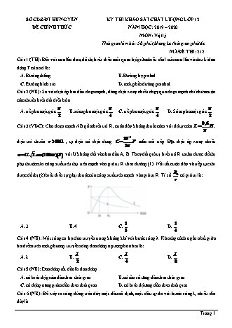 Đề thi khảo sát chất lượng môn Vật lí Lớp 12 - Mã đề: 212 - Năm học 2019-2020 - Sở giáo dục và đào tạo Hưng Yên (Có đáp án)