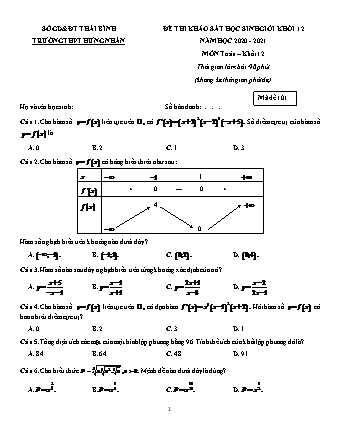 Đề thi khảo sát Học sinh giỏi môn Toán Lớp 12 - Mã đề: 101 - Năm học 2020-2021 - Trường THPT Hưng Nhân (Có đáp án)