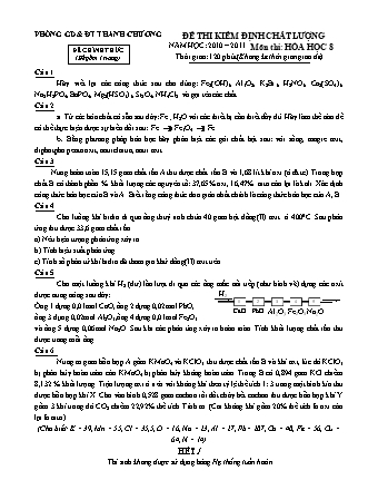 Đề thi kiểm định chất lượng học sinh giỏi Hóa học Lớp 8 - Năm học 2010-2011 - Phòng giáo dục và đào tạo Thanh Chương (Có đáp án)