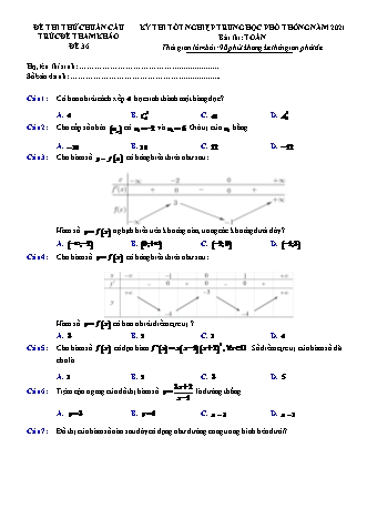 Đề thi thử chuẩn cấu trúc minh họa kì thi Tốt nghiệp THPT môn Toán - Đề số 36 - Năm học 2020-2021 (Có đáp án)