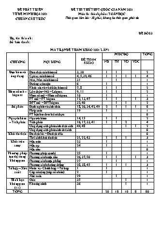 Đề thi thử chuẩn cấu trúc minh họa kì thi Tốt nghiệp THPT môn Toán - Đề số 53 - Năm học 2020-2021 (Có đáp án)