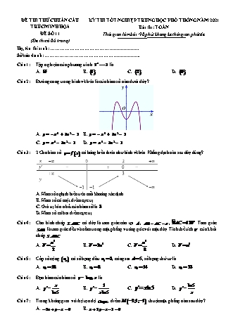 Đề thi thử chuẩn cấu trúc minh họa kì thi Tốt nghiệp THPT môn Toán - Đề số 11 - Năm học 2020-2021 (Có đáp án)