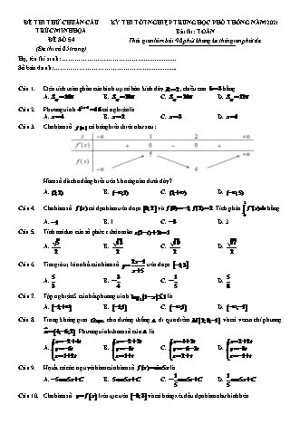 Đề thi thử chuẩn cấu trúc minh họa kì thi Tốt nghiệp THPT môn Toán - Đề số 54 - Năm học 2020-2021 (Có đáp án)