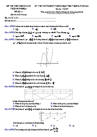 Đề thi thử chuẩn cấu trúc minh họa kì thi Tốt nghiệp THPT môn Toán - Đề số 21 - Năm học 2020-2021 (Có đáp án)