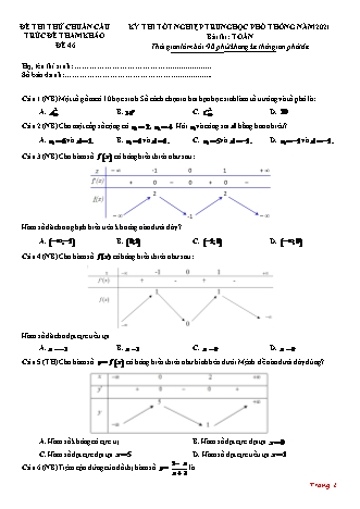 Đề thi thử chuẩn cấu trúc minh họa kì thi Tốt nghiệp THPT môn Toán - Đề số 46 - Năm học 2020-2021 (Có đáp án)