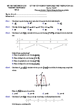 Đề thi thử chuẩn cấu trúc minh họa kì thi Tốt nghiệp THPT môn Toán - Đề số 35 - Năm học 2020-2021 (Có đáp án)