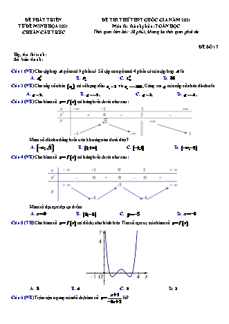 Đề thi thử chuẩn cấu trúc minh họa kì thi Tốt nghiệp THPT môn Toán - Đề số 17 - Năm học 2020-2021 (Có đáp án)