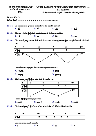 Đề thi thử chuẩn cấu trúc minh họa kì thi Tốt nghiệp THPT môn Toán - Đề số 41 - Năm học 2020-2021 (Có đáp án)