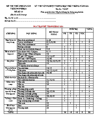 Đề thi thử chuẩn cấu trúc minh họa kì thi Tốt nghiệp THPT môn Toán - Đề số 29 - Năm học 2020-2021 (Có đáp án)