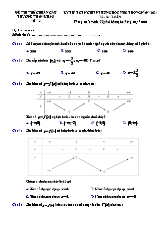 Đề thi thử chuẩn cấu trúc minh họa kì thi Tốt nghiệp THPT môn Toán - Đề số 39 - Năm học 2020-2021 (Có đáp án)