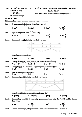 Đề thi thử chuẩn cấu trúc minh họa kì thi Tốt nghiệp THPT môn Toán - Đề số 5 - Năm học 2020-2021 (Có đáp án)