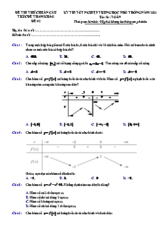 Đề thi thử chuẩn cấu trúc minh họa kì thi Tốt nghiệp THPT môn Toán - Đề số 42 - Năm học 2020-2021 (Có đáp án)