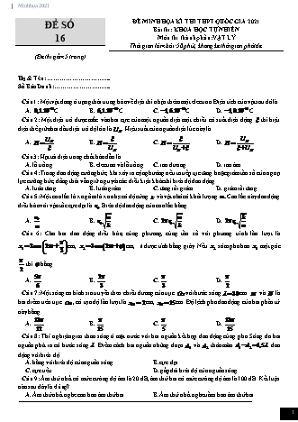 Đề thi thử kì thi THPT Quốc gia Khoa học tự nhiên - Phần: Vật lí - Đề số 16 - Năm học 2021 (Có đáp án)