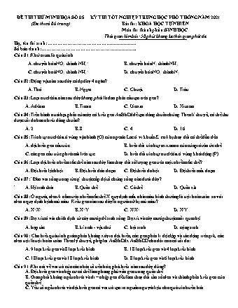 Đề thi thử kì thi Tốt nghiệp THPT Khoa học tự nhiên - Phần: Sinh học - Đề số 5 - Năm học 2021 (Có đáp án)