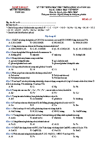 Đề thi thử THPT Quốc gia Khoa học tự nhiên - Phần: Hóa học - Đề số 37 - Năm học 2021 (Có đáp án)