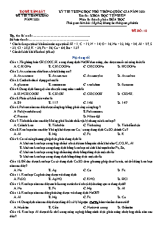 Đề thi thử THPT Quốc gia Khoa học tự nhiên - Phần: Hóa học - Đề số 10 - Năm học 2021 (Có đáp án)