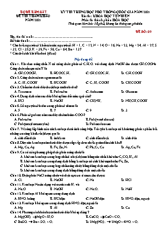 Đề thi thử THPT Quốc gia Khoa học tự nhiên - Phần: Hóa học - Đề số 9 - Năm học 2021 (Có đáp án)