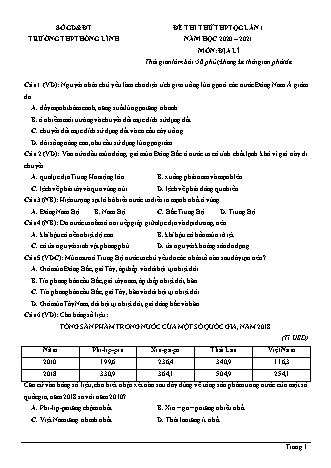 Đề thi thử THPT Quốc gia môn Địa lí - Lần 1 - Năm học 2020-2021 - Trường THPT Hồng Lĩnh (Có đáp án)