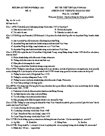 Đề thi thử THPT Quốc gia môn Lịch sử - Đề 10 - Năm học 2021 (Có đáp án)