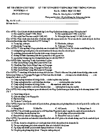 Đề thi thử THPT Quốc gia môn Lịch sử - Đề 14 - Năm học 2021 (Có đáp án)