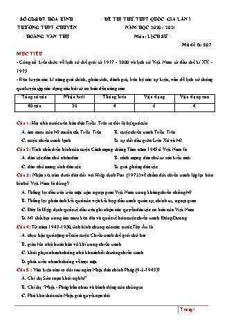 Đề thi thử THPT Quốc gia môn Lịch sử - Lần 1 - Mã đề: 507 - Năm học 2020-2021 - Trường THPT chuyên Hoàng Văn Thụ (Có đáp án)