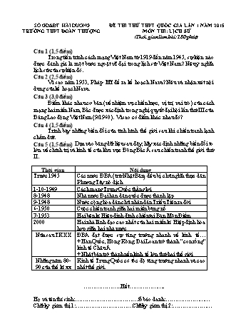 Đề thi thử THPT Quốc gia môn Lịch sử - Lần 1 - Năm học 2015 - Trường THPT Đoàn Thượng