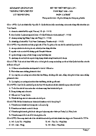 Đề thi thử THPT Quốc gia môn Lịch sử - Lần 1 - Năm học 2020-2021 - Trường THPT chuyên Lê Thánh Tông (Có đáp án)