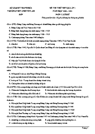 Đề thi thử THPT Quốc gia môn Lịch sử - Lần 1 - Năm học 2020-2021 - Trường THPT chuyên Lam Sơn (Có đáp án)