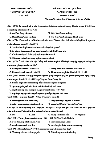 Đề thi thử THPT Quốc gia môn Lịch sử - Lần 1 - Năm học 2020-2021 - Trường THPT chuyên Trần Phú (Có đáp án)