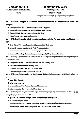 Đề thi thử THPT Quốc gia môn Lịch sử - Lần 2 - Năm học 2020-2021 - Trường THPT chuyên Thái Bình (Có đáp án)