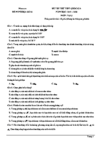 Đề thi thử THPT Quốc gia môn Vật lí - Đề 20 - Năm học 2019-2020 (Có đáp án)