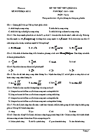 Đề thi thử THPT Quốc gia môn Vật lí - Đề 22 - Năm học 2019-2020 (Có đáp án)