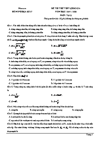 Đề thi thử THPT Quốc gia môn Vật lí - Đề 27 - Năm học 2019-2020 (Có đáp án)